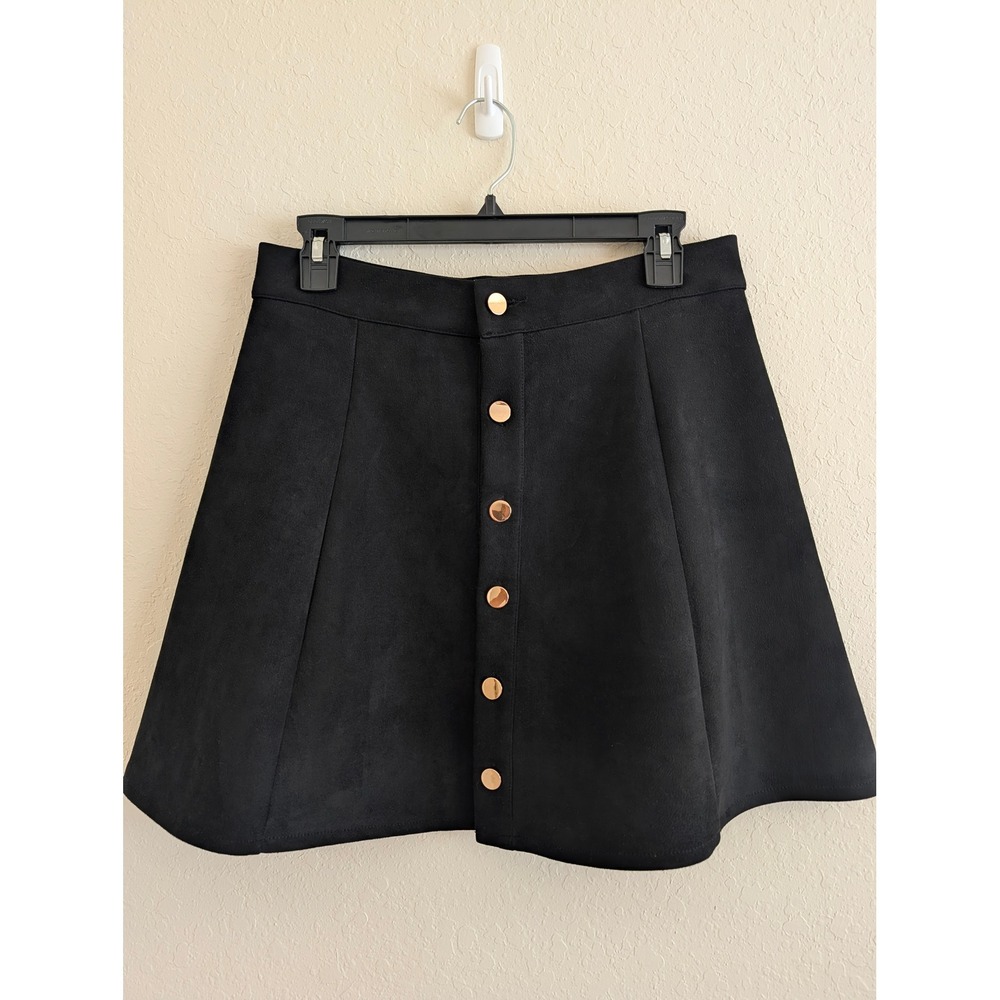 Argstar Black Faux Suede Button Front A-Line Mini Skirt Size L Gold Buttons